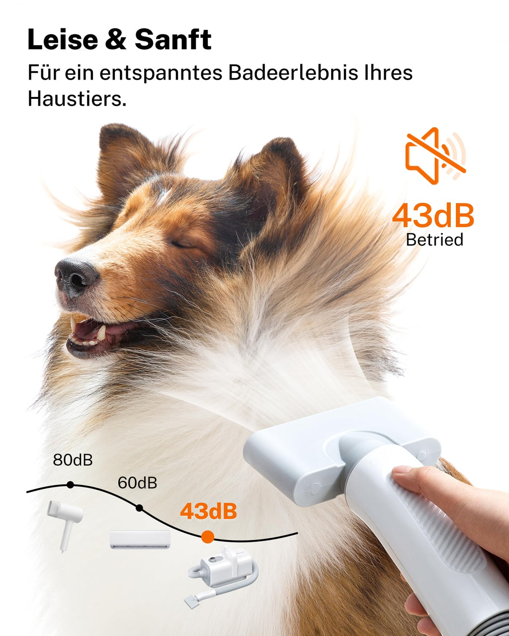 Hundefön Ultraleiser 43 dB 120 m/s Hundetrockner Schnelltrocknend leise leistungsstark für Hunde und Katzen