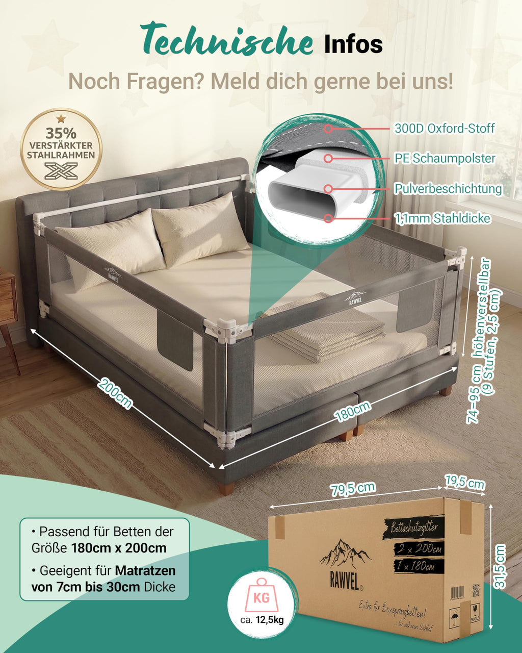 Bettgitter Rausfallschutz Boxspringbett 180x200 cm 3 Seiten Stange laborgeprüft Elternbett deutsche Anleitung