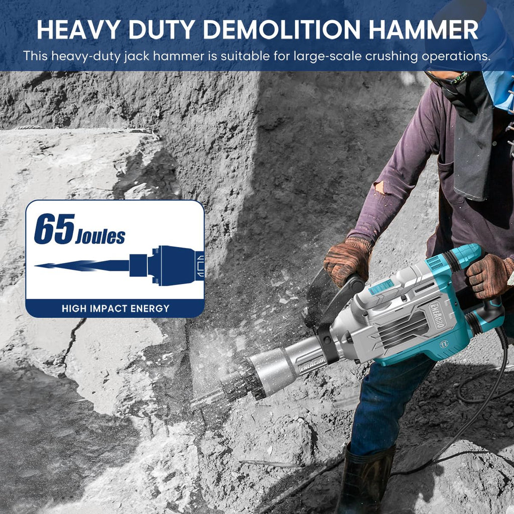 Abbruchhammer 1700W SDS Hex Stemmhammer 65 Joule Betonbrecher Antivibrationsgriff 2 Meißel Koffer mit Rollen