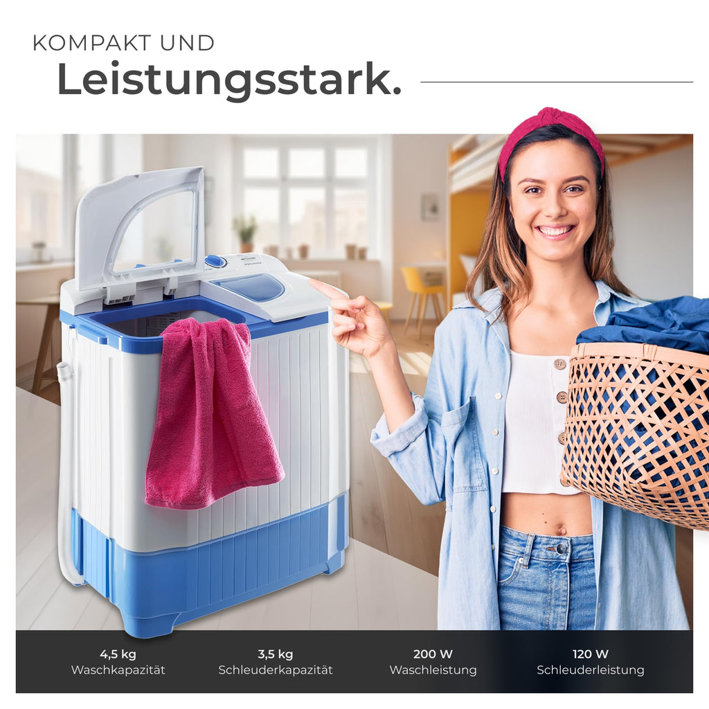 Mobile Mini Waschmaschine 4,5 kg und Wäscheschleuder 3,5 kg Kombination Toplader für Camping und Reise