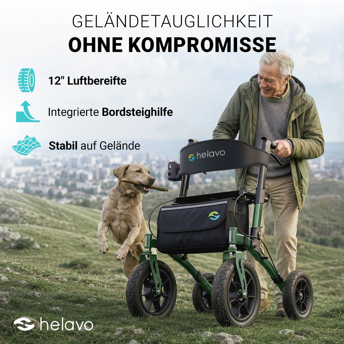 Robuster Outdoorrollator mit Luftbereifung faltbarer Geländerollator für Draußen und Senioren