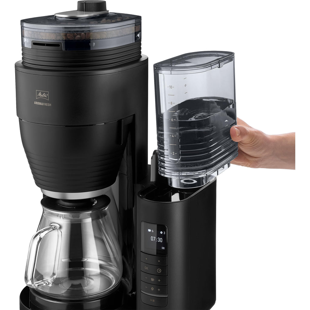 AromaFresh Pro X Filterkaffeemaschine mit Mahlwerk, Wassertank, Glaskanne, Timer für 10 Tassen, schwarz silber