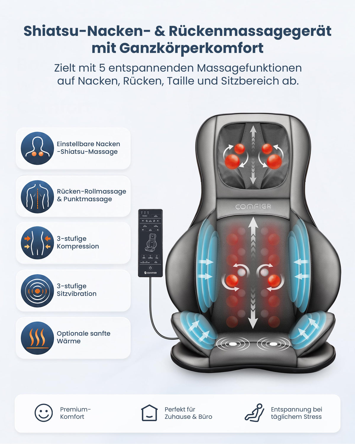 Shiatsu Massagesitzauflage mit Wärme für Rücken Nacken Schulter Entspannung Stressabbau ergonomisch