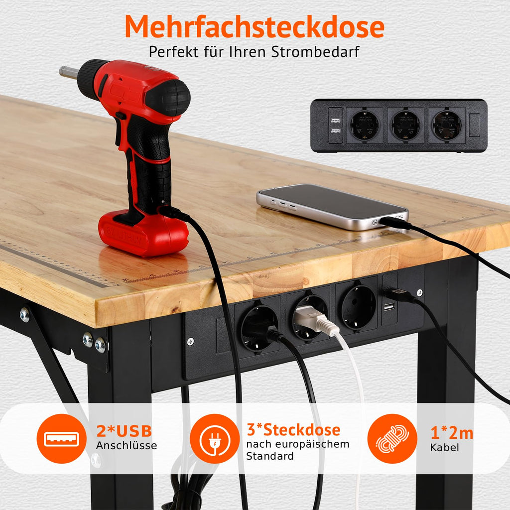 Schwerlast Werkbank verstellbar 122 cm Werktisch aus Gummibaumholz robuste Arbeitsbank für Werkstatt