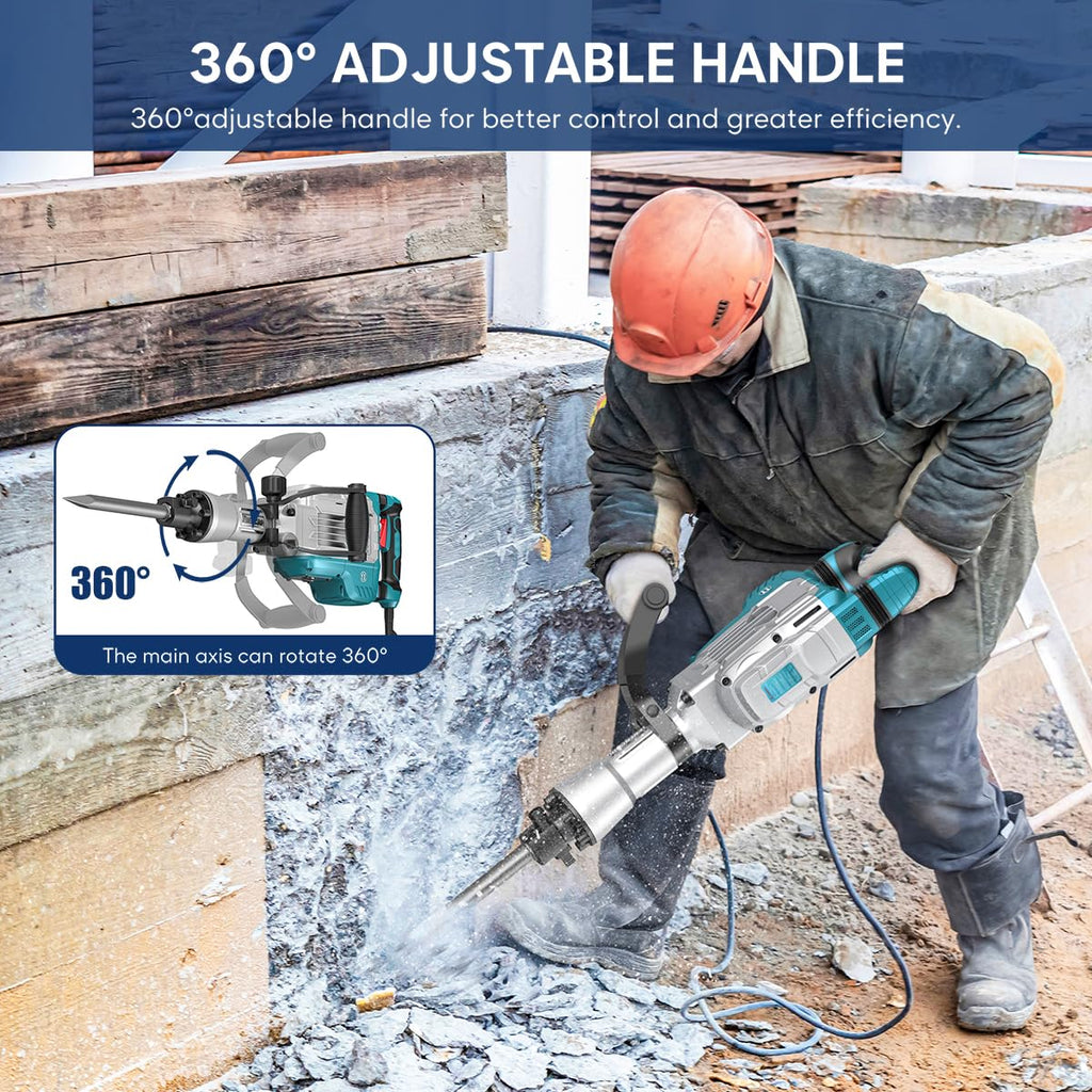 Abbruchhammer 1700W SDS Hex Stemmhammer 65 Joule Betonbrecher Antivibrationsgriff 2 Meißel Koffer mit Rollen