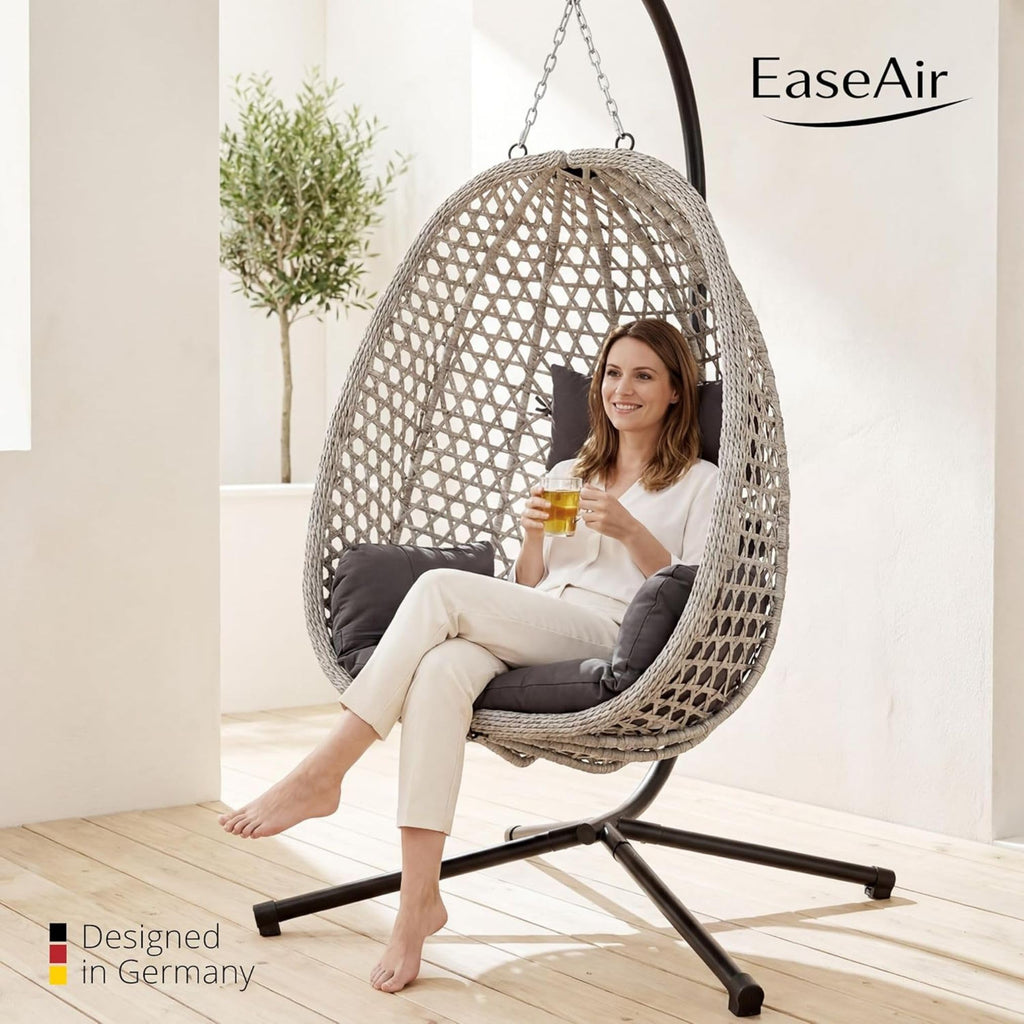 Hängesessel mit Gestell Outdoor Indoor, Sommer Winter Wendebezug, bis 150 kg, faltbar, mit Abdeckplane, Grau