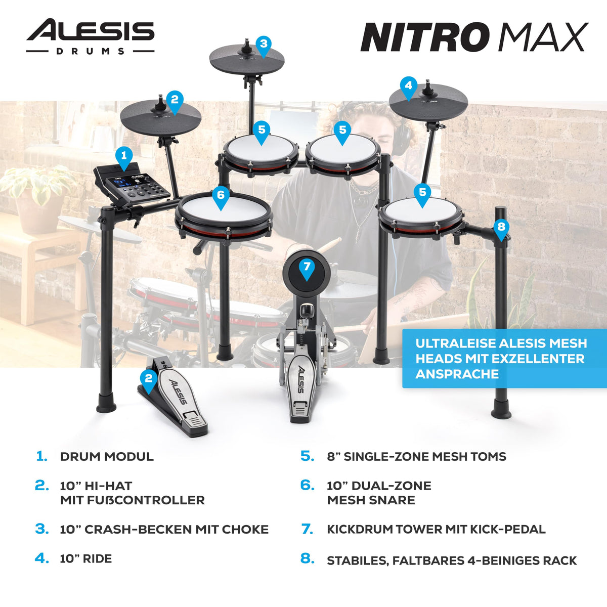 Nitro Max kompaktes elektronisches Schlagzeug E Drum Set mit Mesh Pads 10 Zoll Snare Bluetooth 400 Sounds