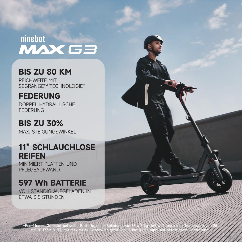 MAX G3 D E Scooter Zulassung 80 km Eco 75 km Sport duale Hydraulikfederung 130kg Smart Display 3,5h Ladezeit