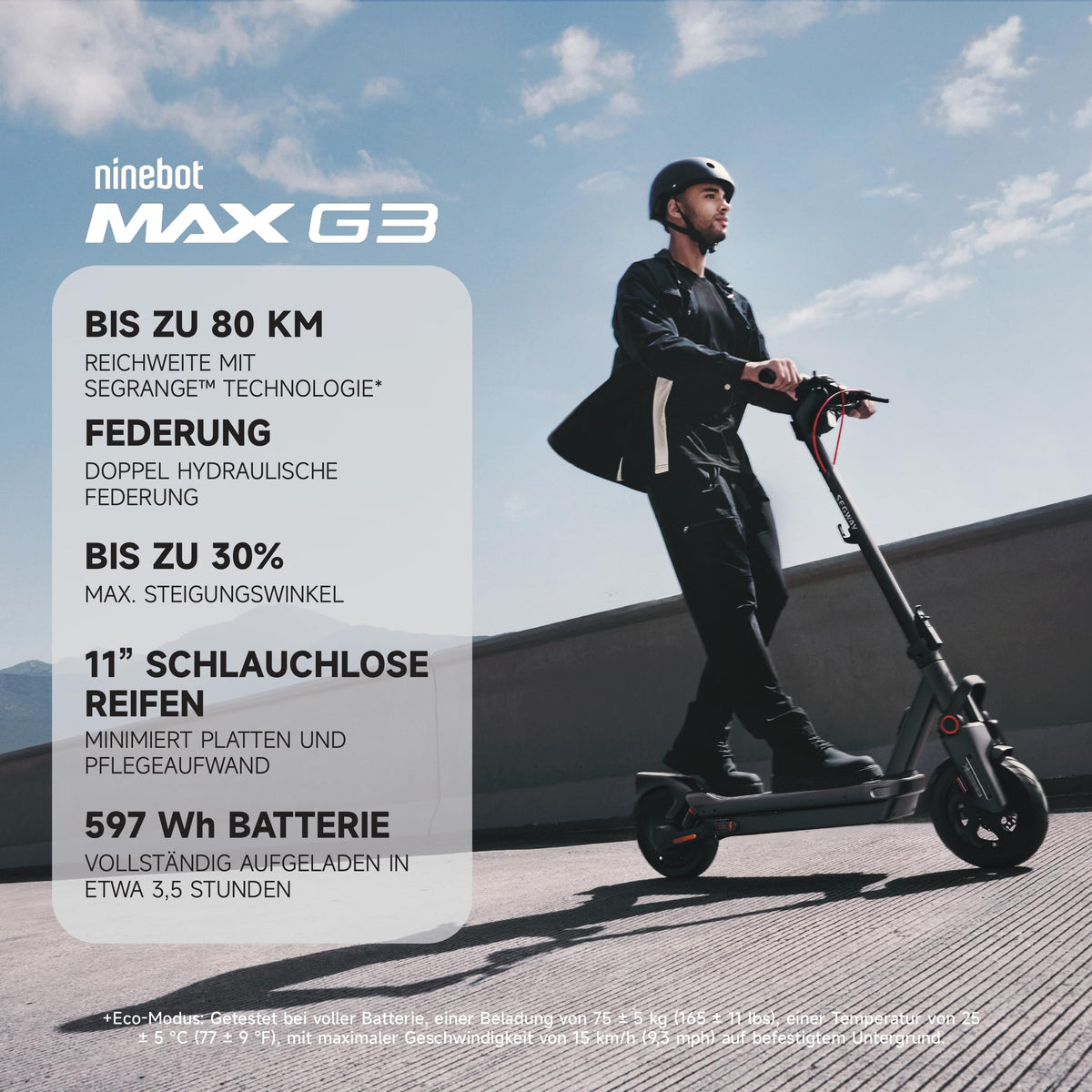 MAX G3 D E Scooter Zulassung 80 km Eco 75 km Sport duale Hydraulikfederung 130kg Smart Display 3,5h Ladezeit