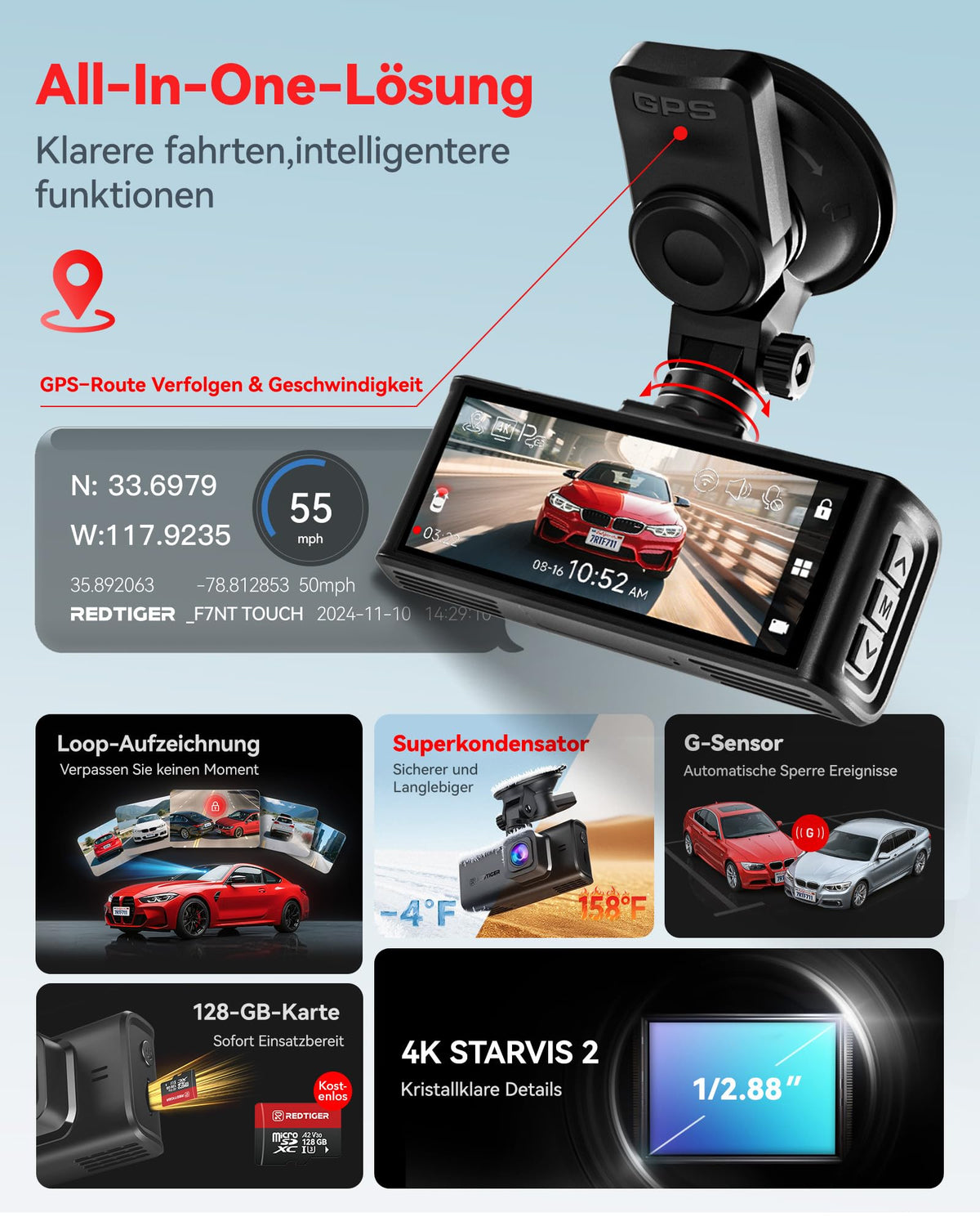 F7N Touch 4K Starvis 2 Dashcam Auto vorne hinten Sprachsteuerung für gestochen scharfe Aufnahmen