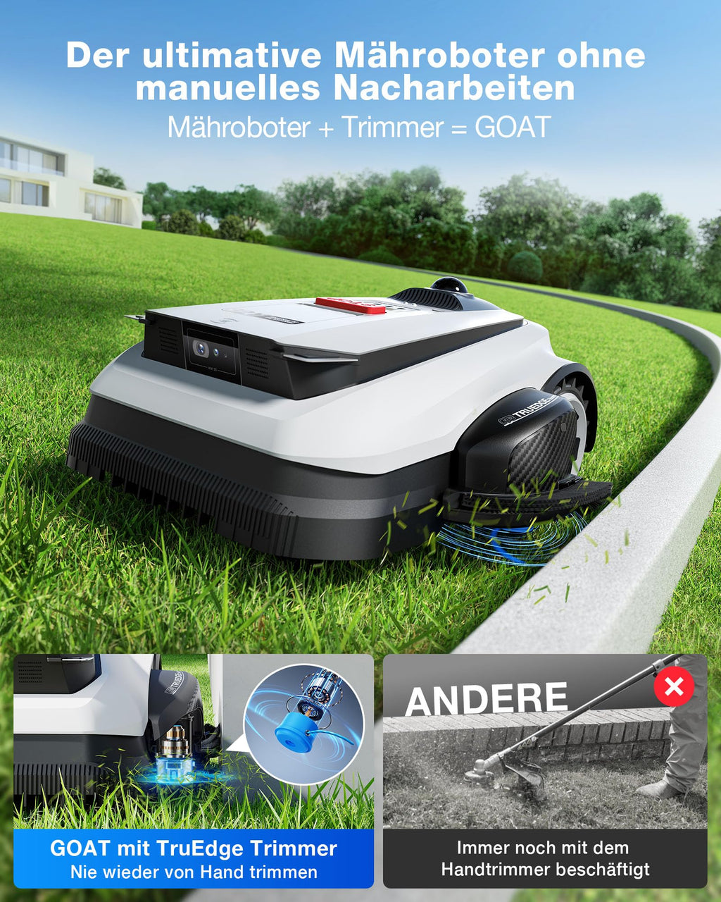 GOAT A1600 LiDAR PRO Care Kit Mähroboter ohne Begrenzungskabel, 1.600 m², 360° Dual LiDAR, 50 % Steigung