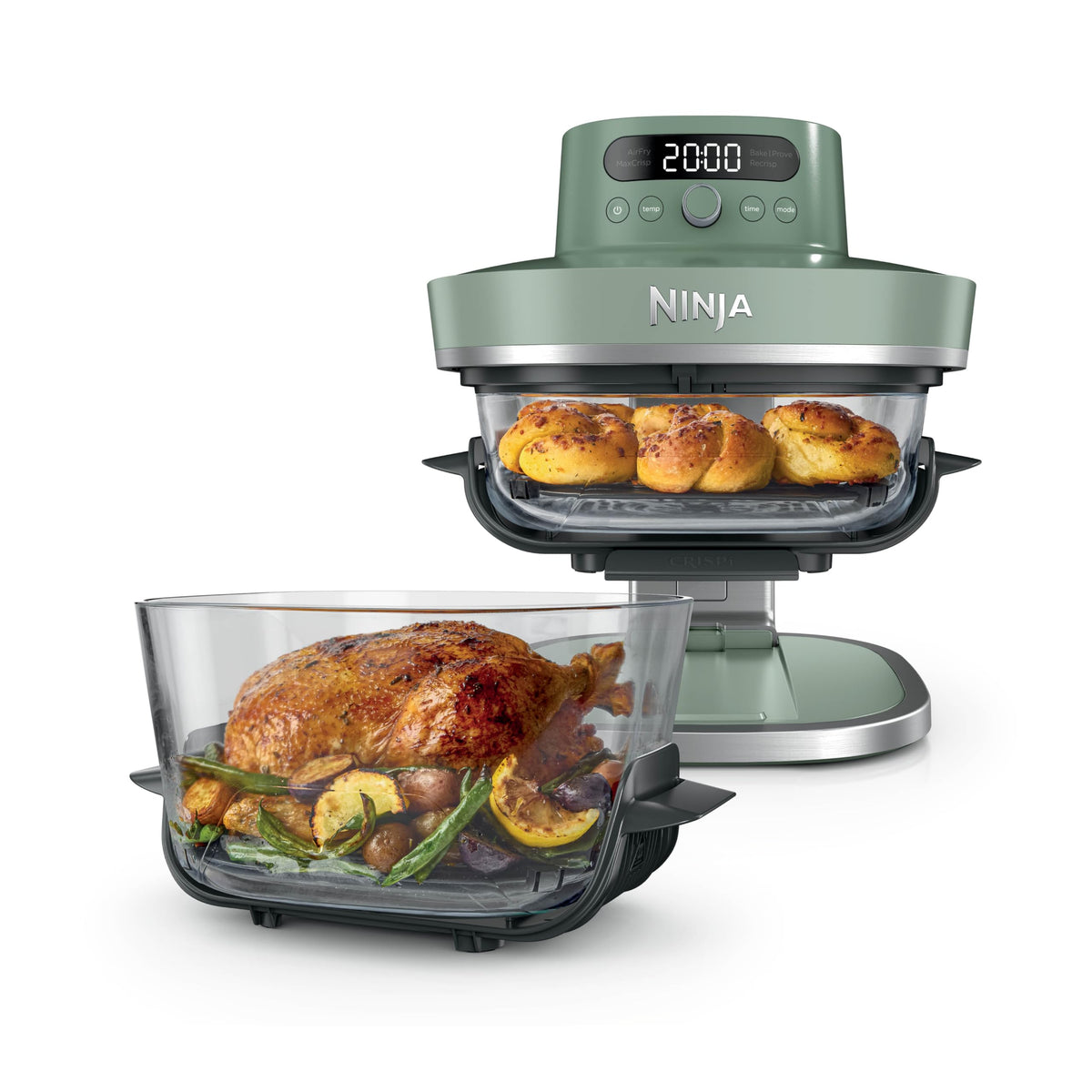 CRISPi PRO XL Glas Heißluftfritteuse 5 Funktionen Moosgrün Heißluftfritteuse mit Glasbehälter