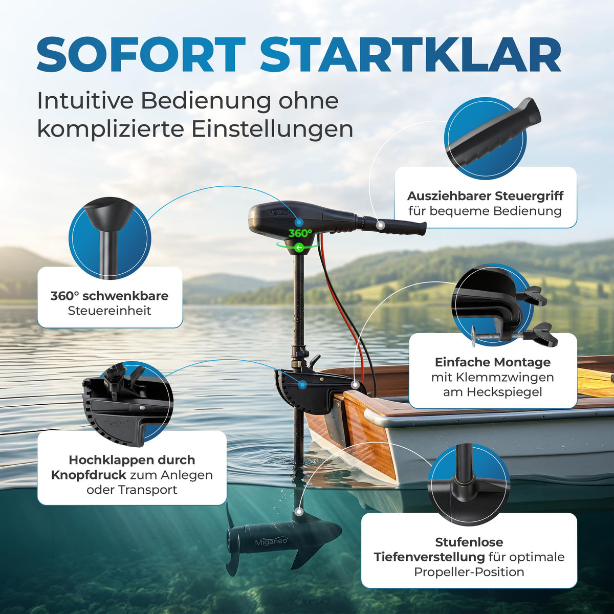 Elektromotor TRS 68 lbs Außenborder 768 W salzwasserfest LED Batterieanzeige 12V 5 Vorwärts 3 Rückwärtsgänge