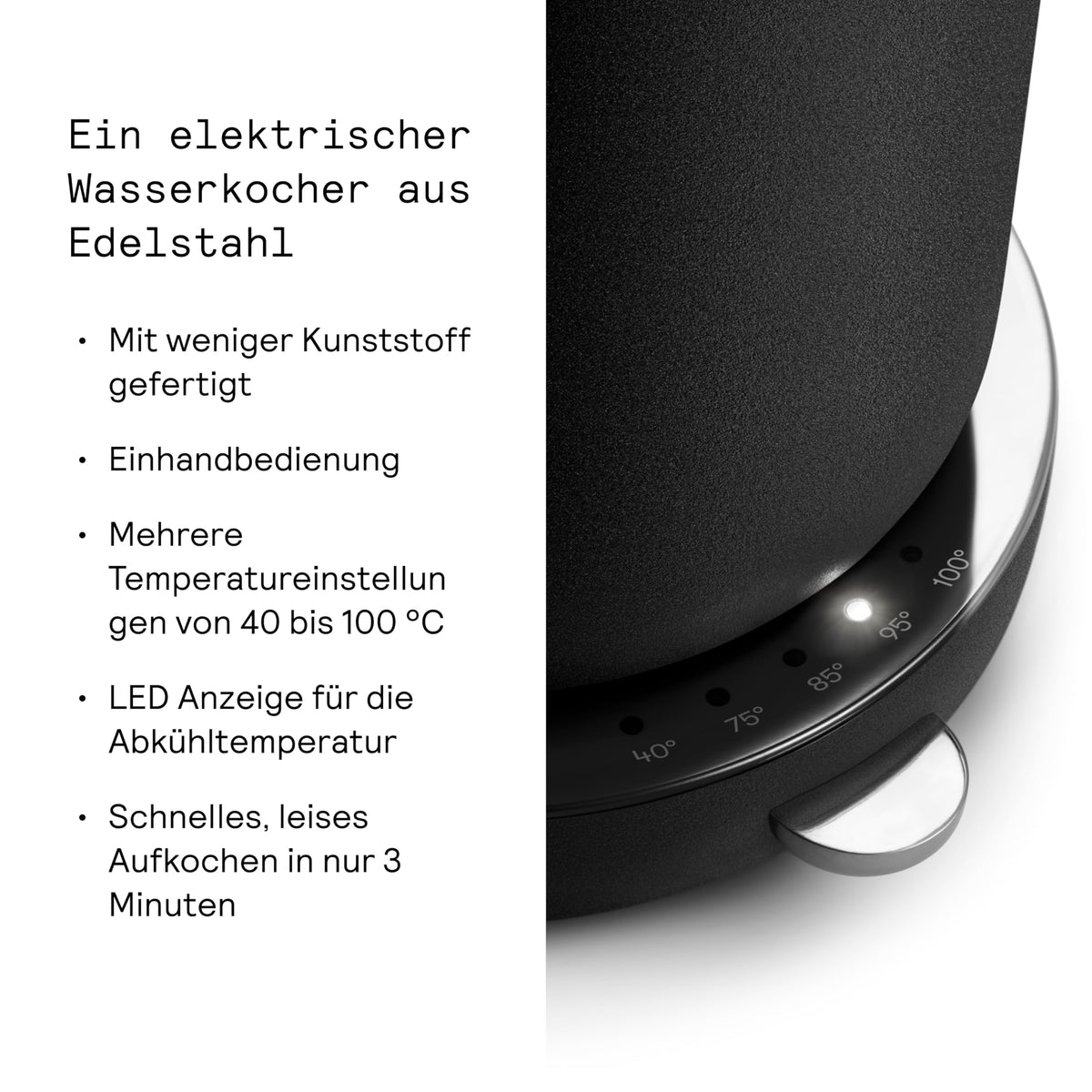Edelstahl Wasserkocher Mattschwarz 1,2 L mit Temperatureinstellungen 360° Drehbasis leise tropffreier Ausguss
