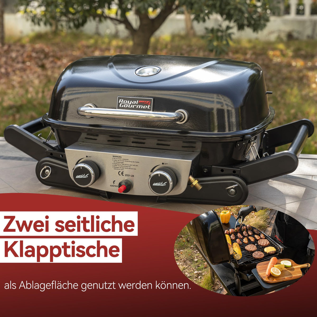 2 Brenner Gasgrill 5 kW Tischgrill mit klappbaren Seitentischen tragbarer BBQ Grill für Balkon Garten Schwarz