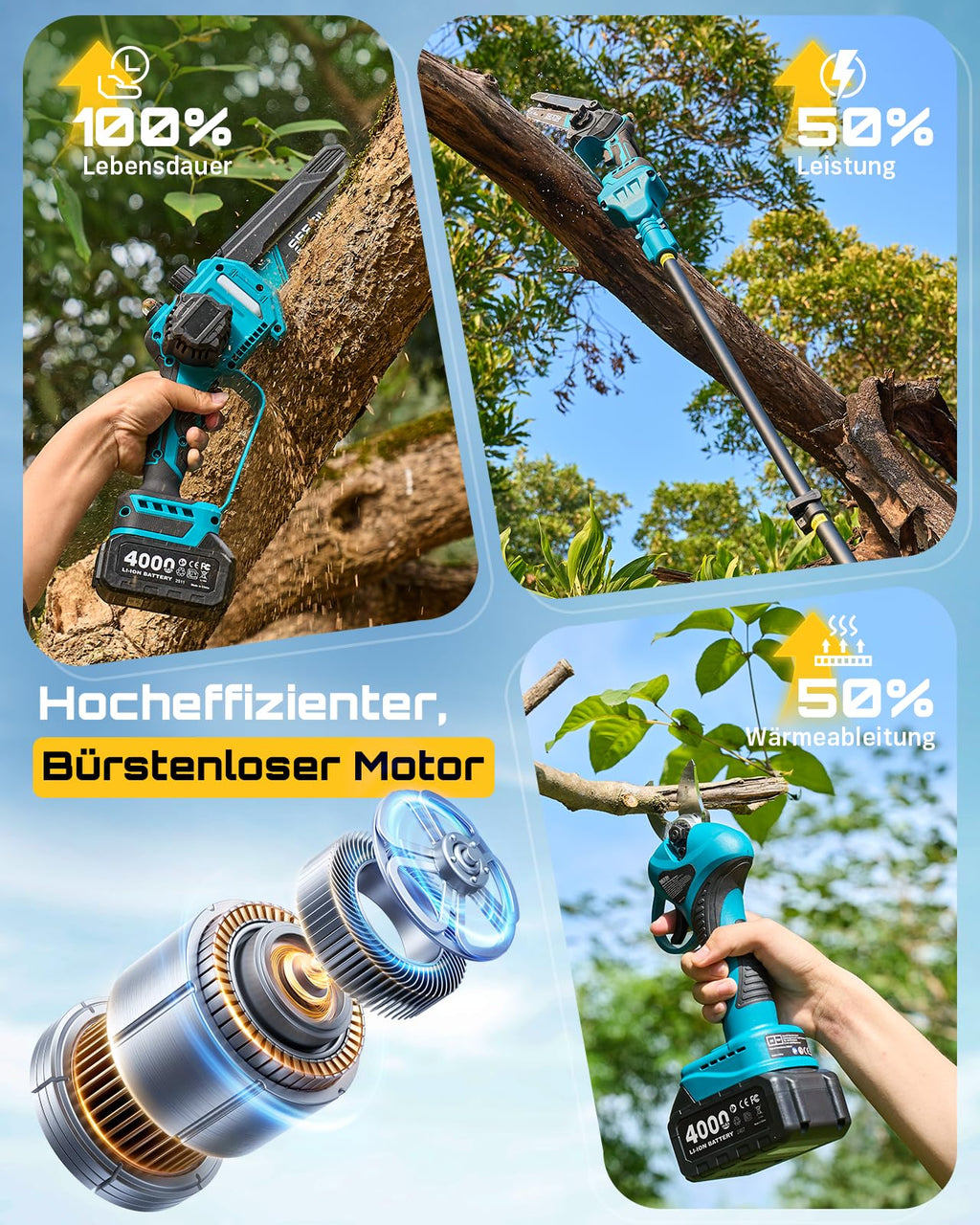 Akku Hochentaster Kettensäge Elektrisch 4 in 1 Teleskopsäge für Garten Ast Baum Baumpflege
