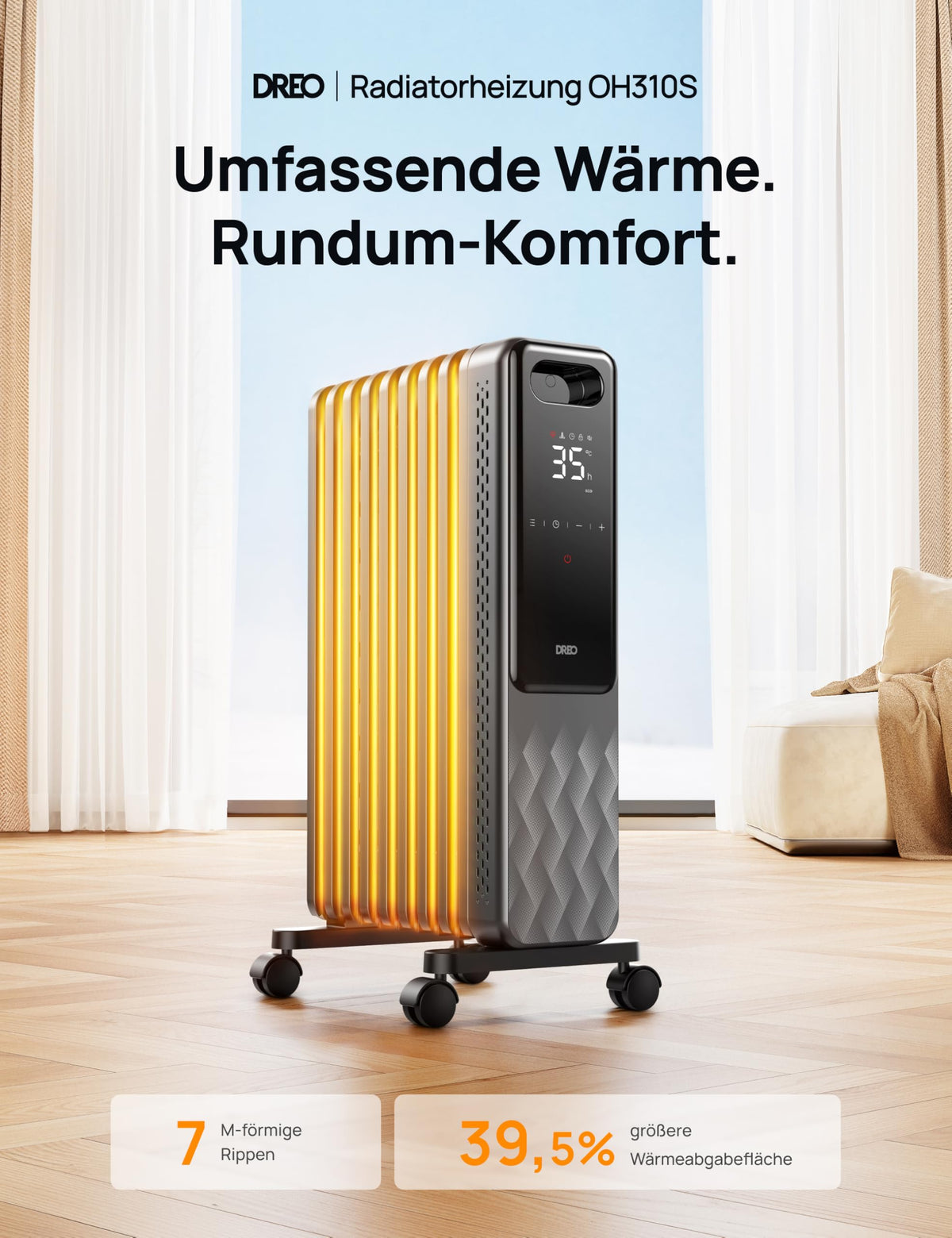 Ölradiator 2000W Energiesparend Heizung 9 Rippen Fernbedienung 3 Stufen 24h Timer Thermostat Kippschutz OH310