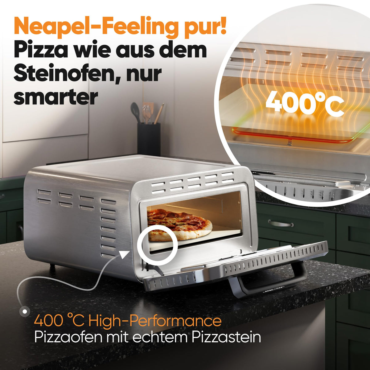Pizzaofen Elektro 400°C echter Pizzastein inkl. Pizzaheber variable Zeit und Temperatur unter 5 Min PC PO 1323