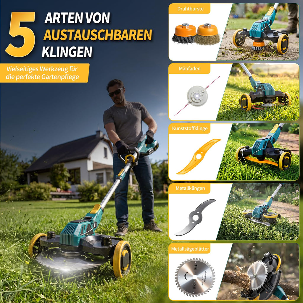 Akku Rasentrimmer 21V 5 in 1 2x 4.0Ah Unkrautbürste 900W bürstenloser Motor Freischneider für Rasen Garten Hof