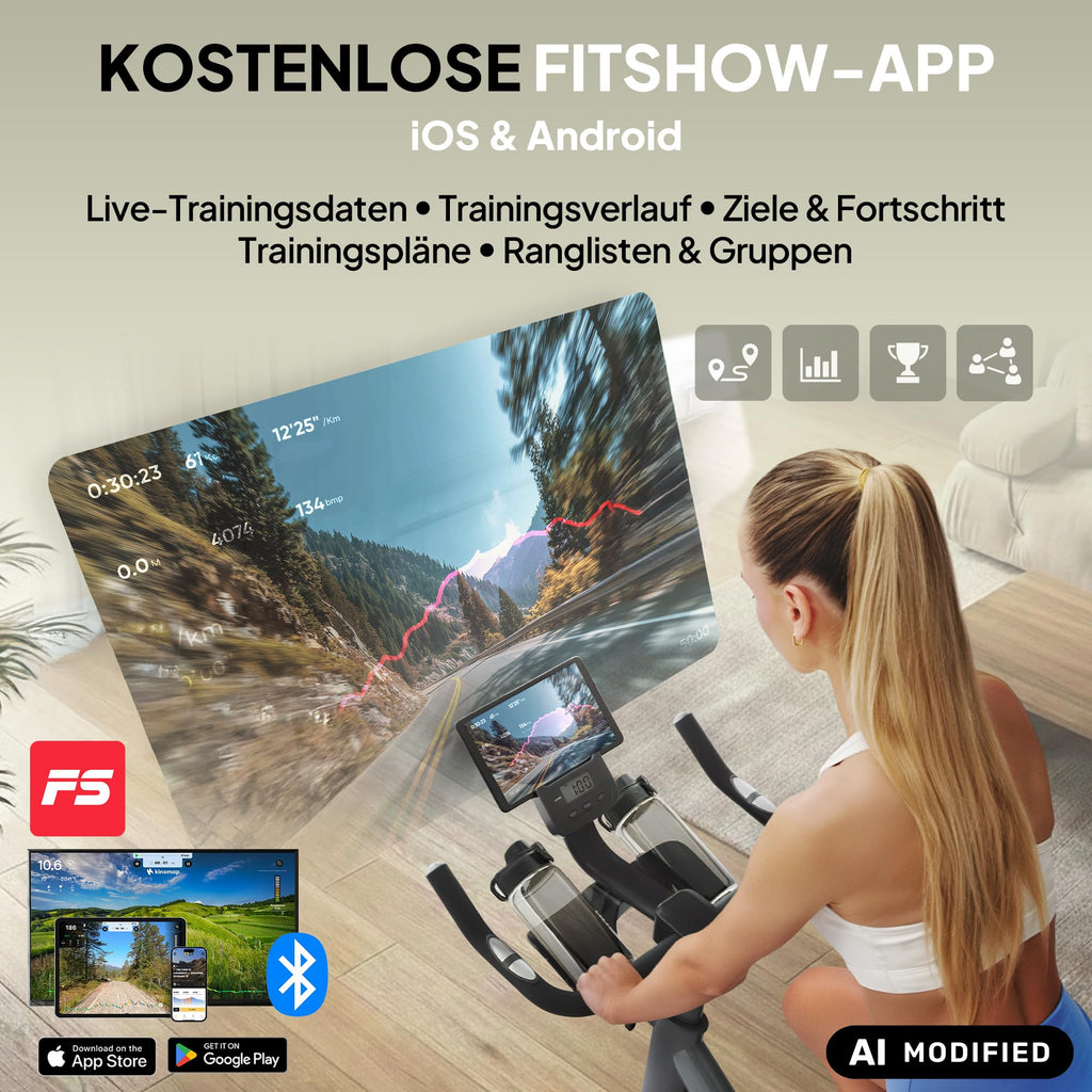 Heimtrainer Fahrrad mit App und Handpuls Ergometer für 145 bis 195 cm für Cardiotraining zu Hause