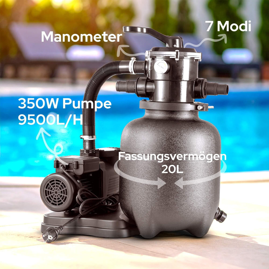 Sandfilteranlage Schwarz 9500 l/h 350 W Poolpumpe und Poolfilter für sauberes klares Wasser im Pool