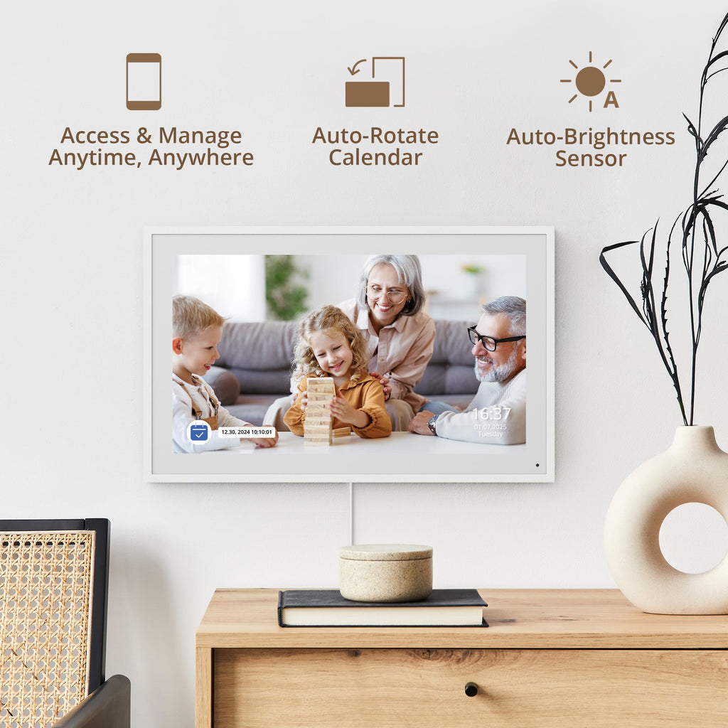 15.6 Zoll Digitaler Wandkalender 1920x1080 FHD Familienplaner 32GB Speicher Wandhalterung Touchscreen Weiß
