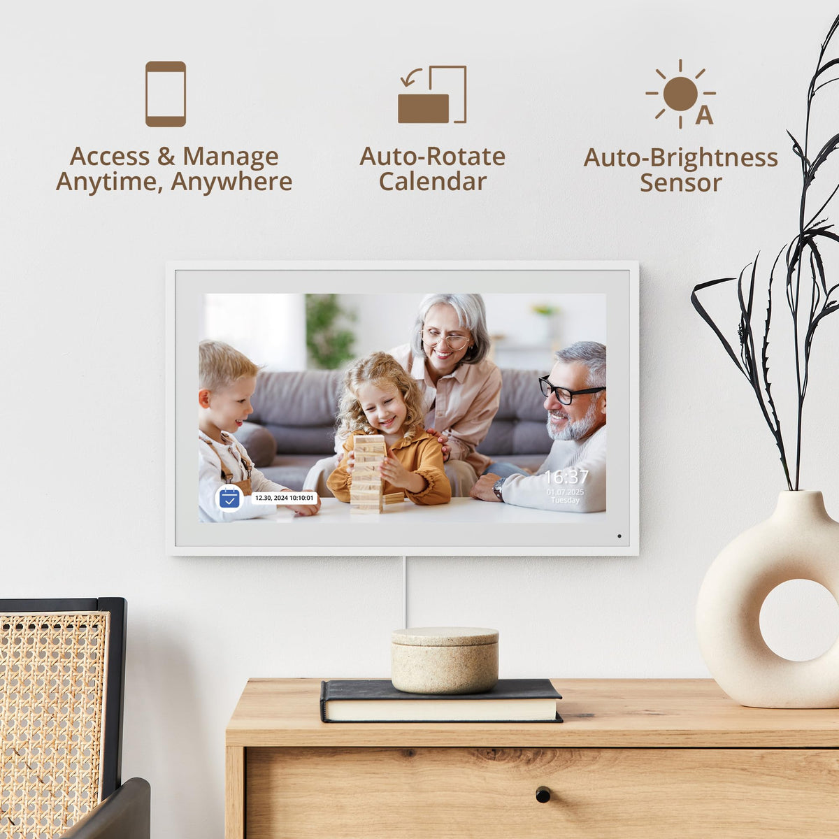 15.6 Zoll Digitaler Wandkalender 1920x1080 FHD Familienplaner 32GB Speicher Wandhalterung Touchscreen Weiß