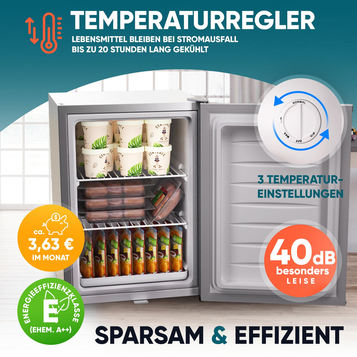 Mini Gefrierschrank 42L minus 18°C Eiswürfelschale Türanschlag wechselbar 4 Sterne Camping Energieklasse E