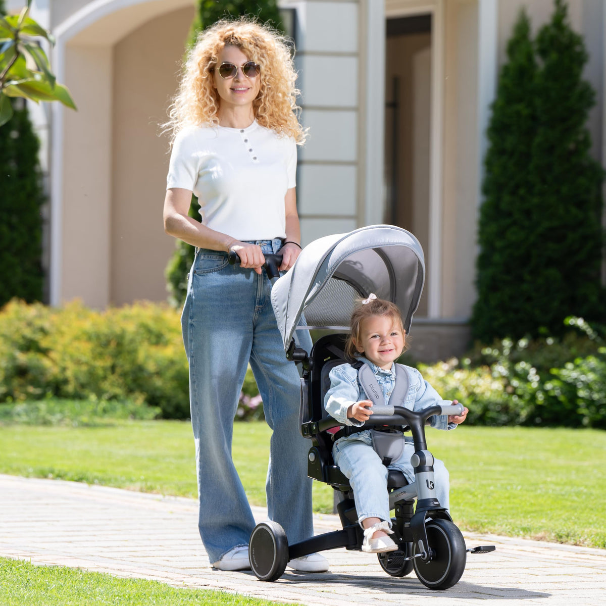 Dreirad mit Schubstange 8 in 1 ALUMA faltbares Kinderfahrzeug drehbarer Sitz 5 Punkt Gurt Alu beige