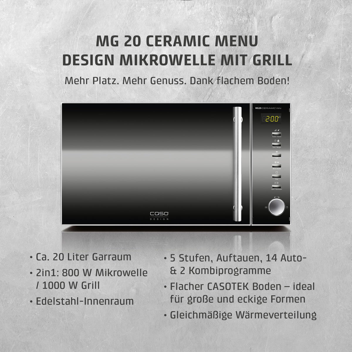 MG20 Ceramic Menu Mikrowelle mit Grillfunktion ohne Drehteller 1000 Watt für schnelles Erwärmen und Grillen