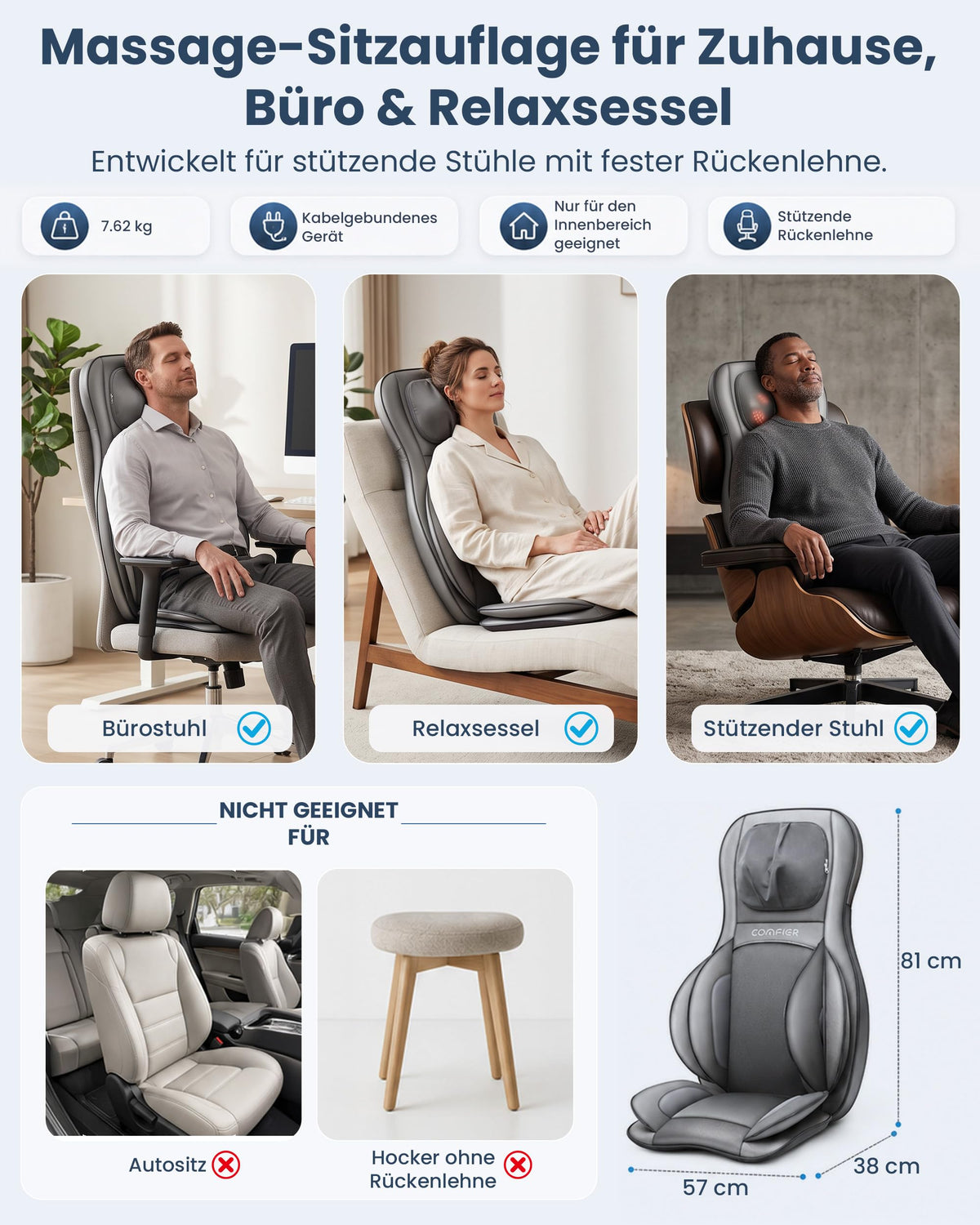 Shiatsu Massagesitzauflage mit Wärme für Rücken Nacken Schulter Entspannung Stressabbau ergonomisch