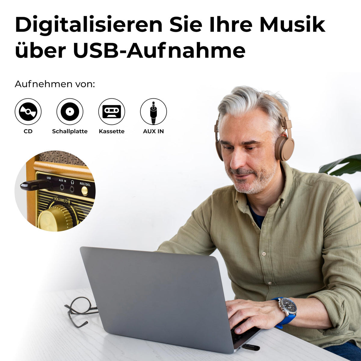 Retro Musikanlage Stereoanlage Kompaktanlage mit Plattenspieler CD und Kassette All in One Musiksystem