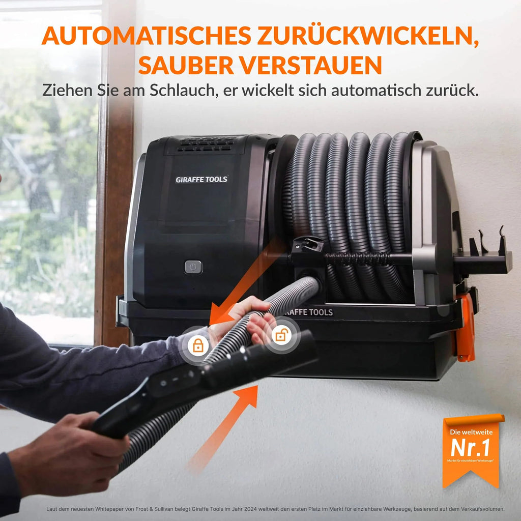 Grandstorm einziehbarer Wandstaubsauger 10m knickfester Schlauch 6 Düsen Fernbedienung Garagenreinigung