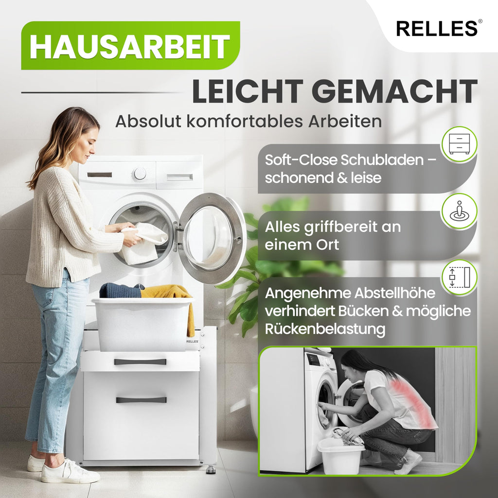 Untergestell mit Schublade Ablage 500 kg Stahl 62x62x57,5cm Podest für Waschmaschine Trockner höhenverstellbar