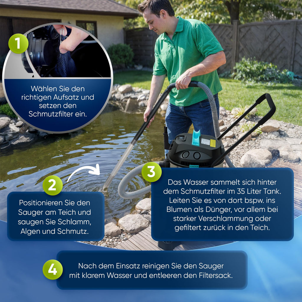 Teichsauger Schlammsauger Groß Neues Modell 1200 Watt Pumpsauger 35 Liter mit Wasserrückführung Algensauger