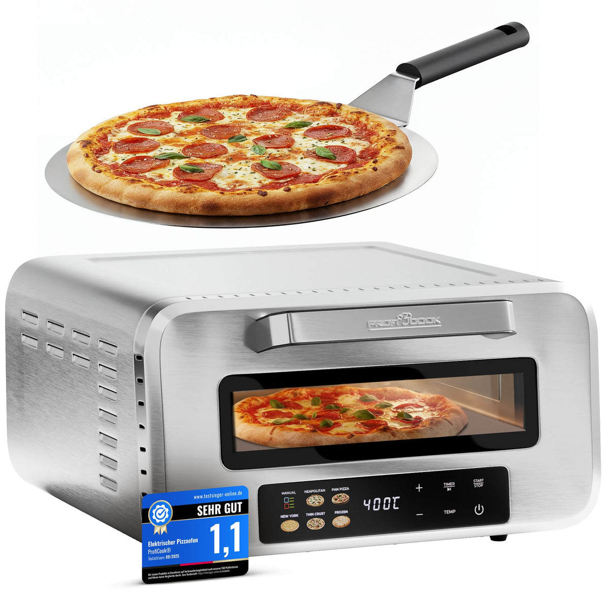 Pizzaofen Elektro 400°C echter Pizzastein inkl. Pizzaheber variable Zeit und Temperatur unter 5 Min PC PO 1323