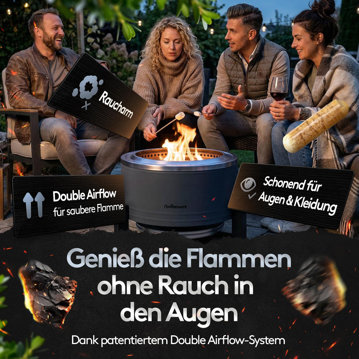 Feuerschale rauchfrei Edelstahl Durchmesser 56 cm mit Turbo Brenner 2in1 für Garten Terrasse