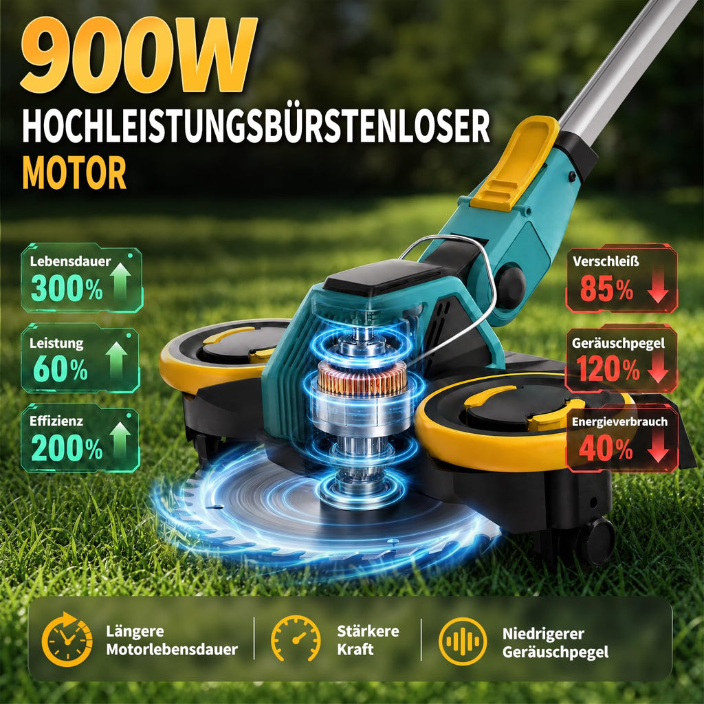 Akku Rasentrimmer 21V 5 in 1 2x 4.0Ah Unkrautbürste 900W bürstenloser Motor Freischneider für Rasen Garten Hof
