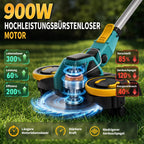 Akku Rasentrimmer 21V 5 in 1 2x 4.0Ah Unkrautbürste 900W bürstenloser Motor Freischneider für Rasen Garten Hof
