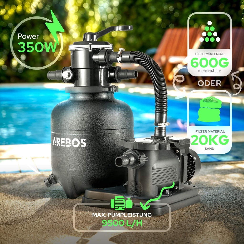 Sandfilteranlage Schwarz 9500 l/h 350 W Poolpumpe und Poolfilter für sauberes klares Wasser im Pool