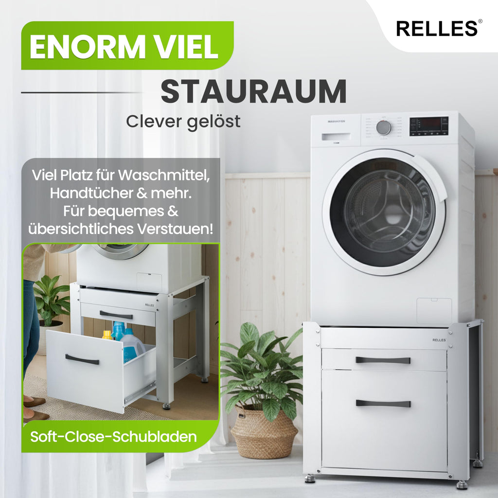 Untergestell mit Schublade Ablage 500 kg Stahl 62x62x57,5cm Podest für Waschmaschine Trockner höhenverstellbar