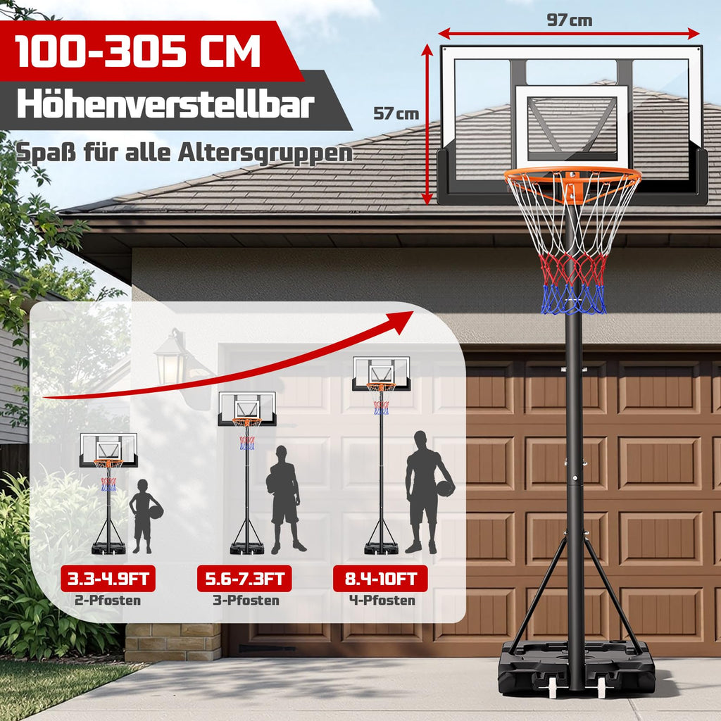 Basketballkorb Outdoor verstellbar 100 bis 305 cm mit Ständer bruchsichere Rückwand 2 wetterfeste Netze Kinder