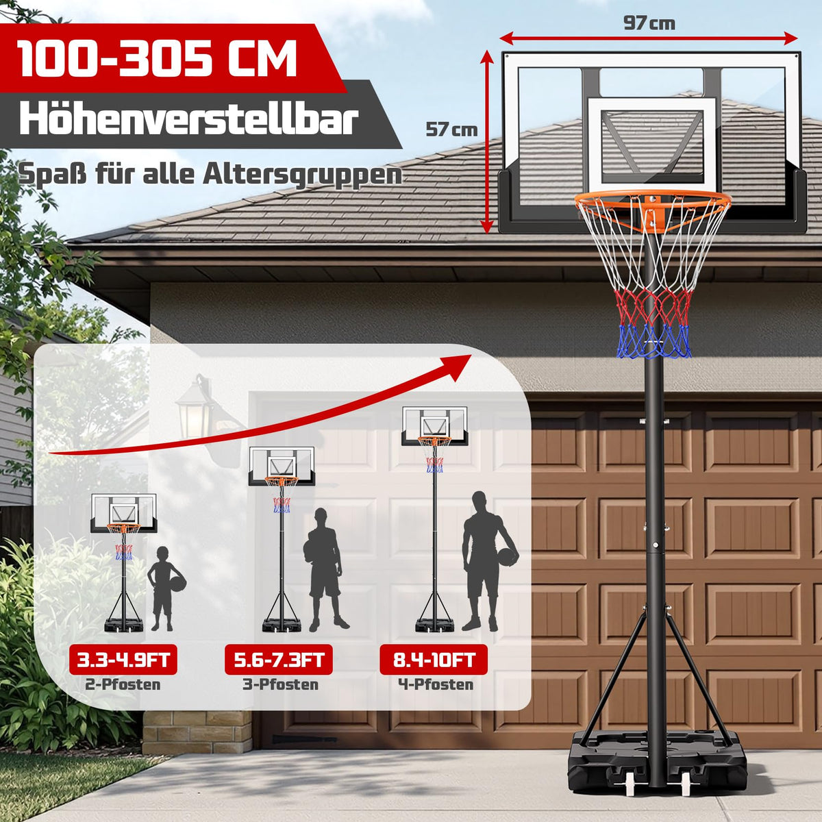 Basketballkorb Outdoor verstellbar 100 bis 305 cm mit Ständer bruchsichere Rückwand 2 wetterfeste Netze Kinder