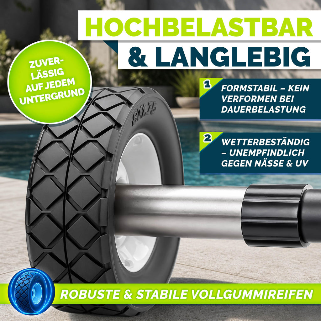Pool Aufroller Premium 3 bis 5,70 m inklusive Vollgummireifen und Thermometer für Poolabdeckung