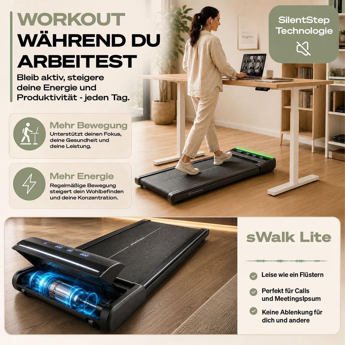 Walking Pad Laufband sWalk Lite, 6% Steigung, 6 km/h, LED, App, Fernbedienung, leise, flach, bis 150 kg