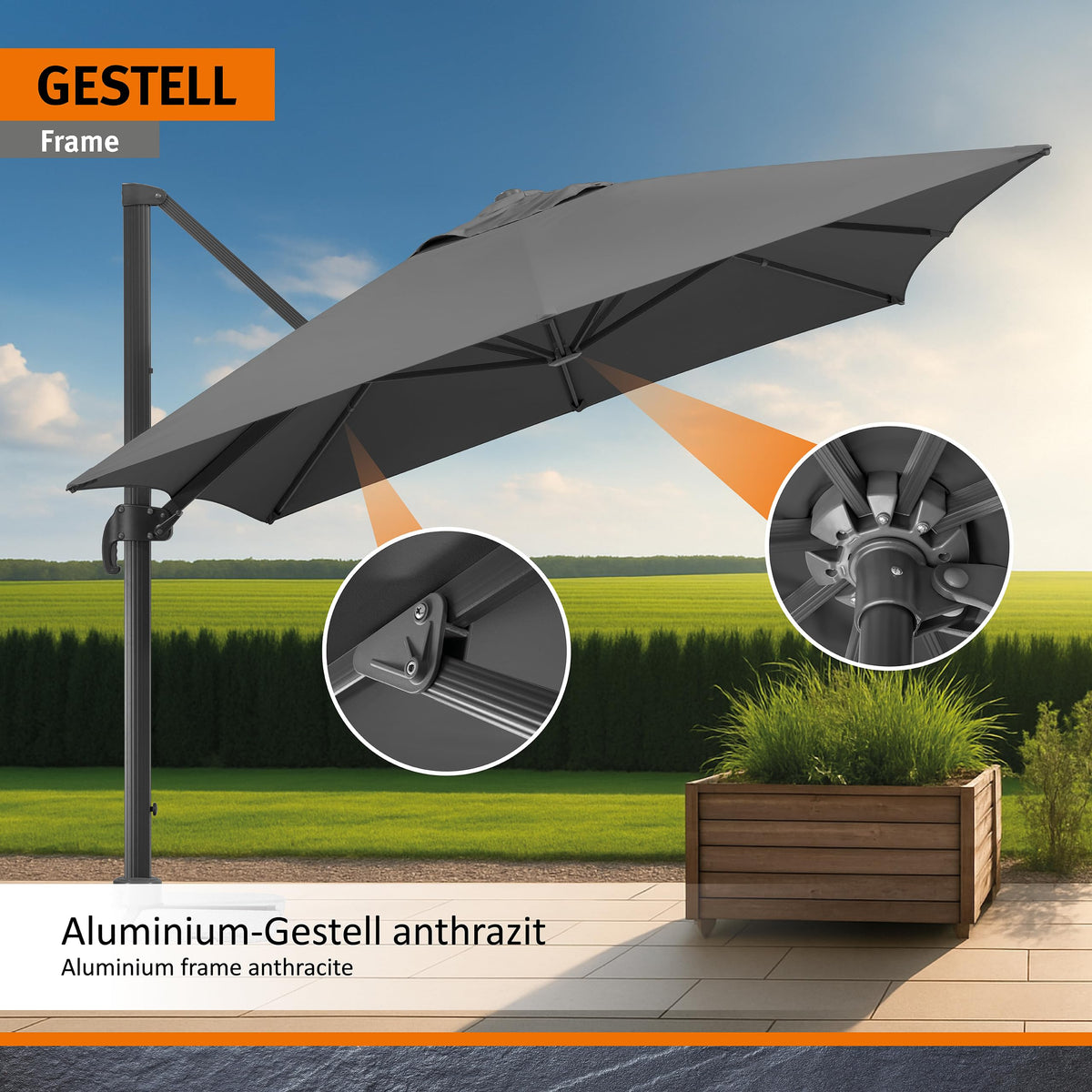 Sonnenschirm Rhodos Grande ca 400 x 300 cm anthrazit rechteckig UV Schutz Garten Terrasse Sonnenschutz
