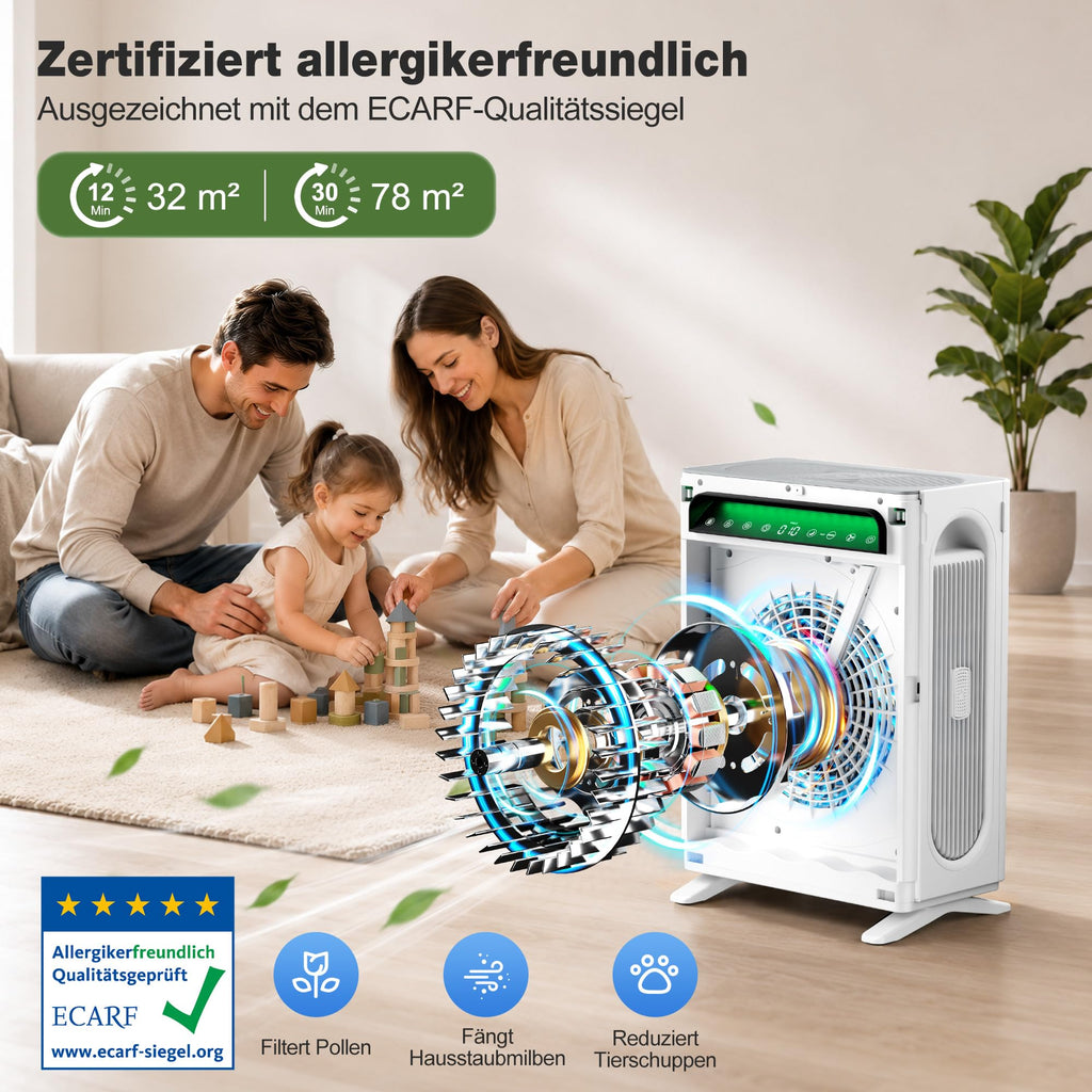 Leistungsstarker Luftreiniger für Raucher und Haustiere CADR 400m³/h bis 78m² Weiß für große Räume