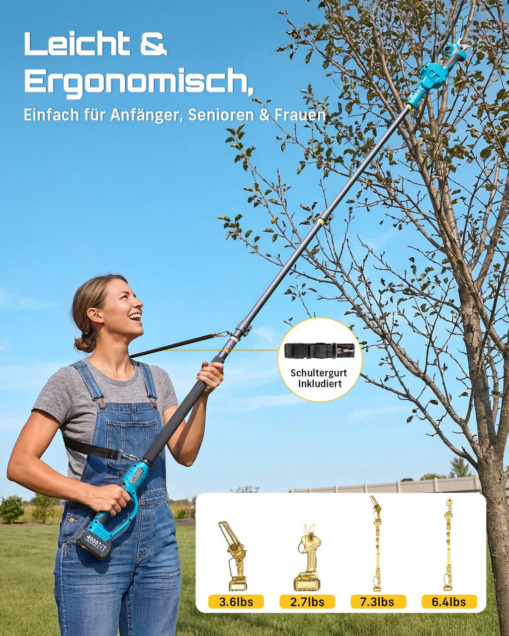 Akku Hochentaster Kettensäge Elektrisch 4 in 1 Teleskopsäge für Garten Ast Baum Baumpflege