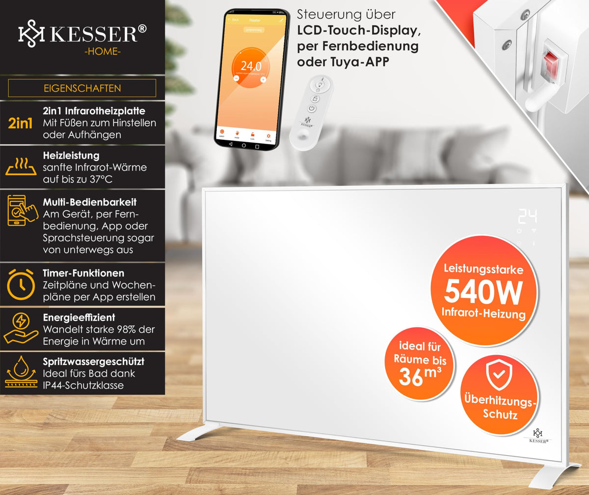 Infrarotheizung 540W energiesparend Standgerät und Wandmontage mit Fernbedienung Thermostat App Steuerung
