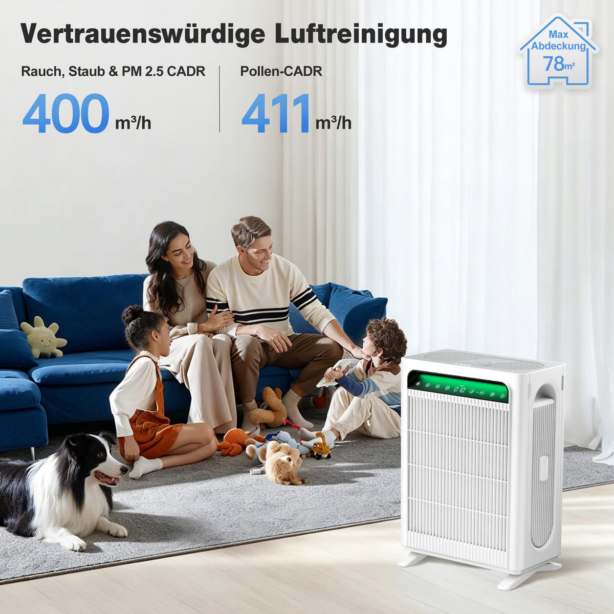 Leistungsstarker Luftreiniger für Raucher und Haustiere CADR 400m³/h bis 78m² Weiß für große Räume